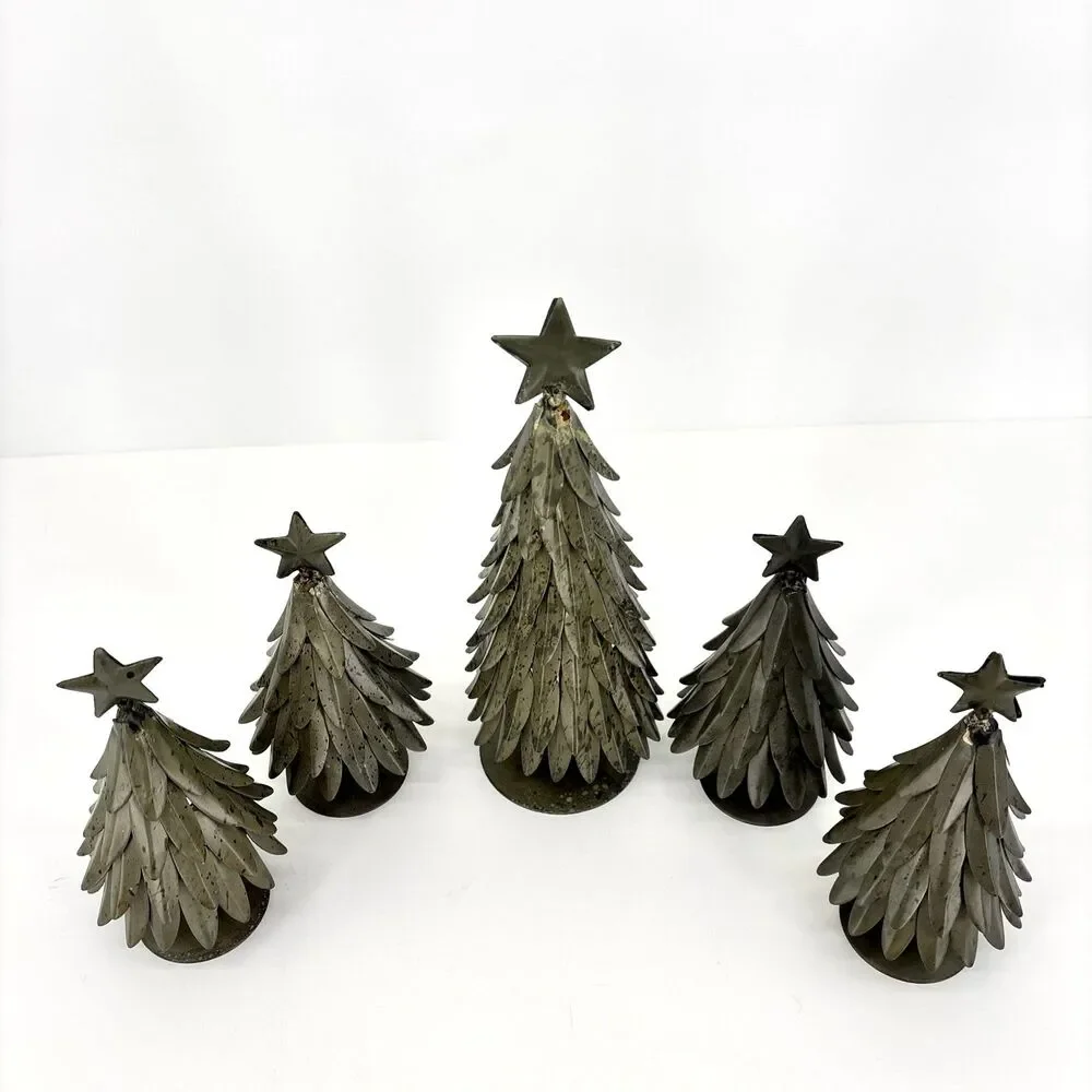 Set of 5 POTTERY BARN Galvanized Village Star Topped Trees Small & Large VTG
